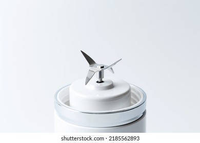 Close Up Of Stainless Steel Blades Of Portable Mini Blender For Making Smoothie Isolated On White Background.