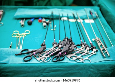 Close up sterile surgical tools for laparoscopic surgery.Tools for surgery, Selective focus
