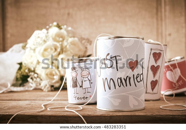 Close Still Life Tin Cans Tied Stock Photo Edit Now 483283351