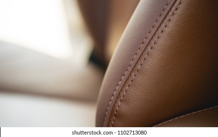 Close Up Stitch On Brown Leather Luxury Car Seat