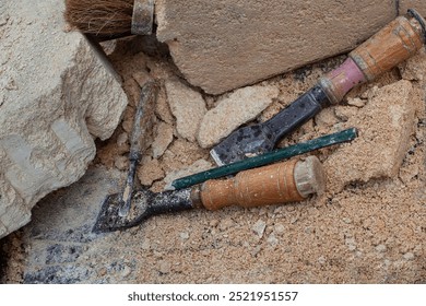 Close up of the stonemason tools