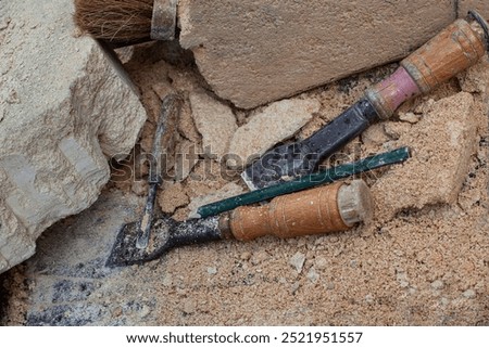 Close up of the stonemason tools