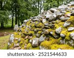 Close up of stones on 4000-year-old bronze age circular chamber burial cairns  of Clava Cairns close to Inverness, Scotland, UK, with stone circles on a terrace above the River Nairn 