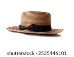 Close up straw hat with black ribbon accessory, isolated on a white background. Women summer yellow straw hat. Perfect for summer style. Front view