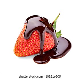 Close Up Of  Strawberry And Chocolate Syrup Dessert On White Background With Clipping Path