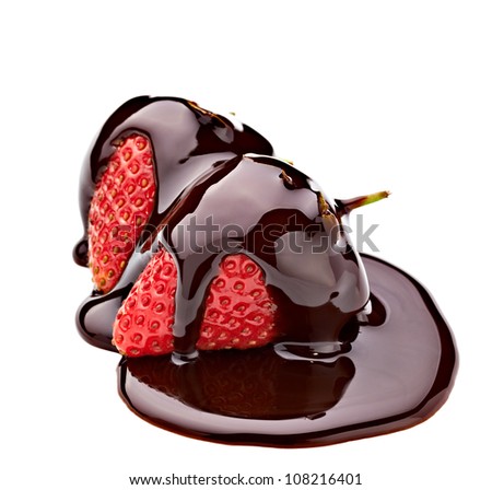 close up of  strawberry and chocolate syrup dessert on white background with clipping path