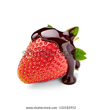 close up of  strawberry and chocolate syrup dessert on white background with clipping path