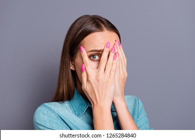 Close Up Studio Photo Portrait Of Sad Upset Unhappy Afraid Scared With Brown Hairstyle Cute Shy Lady People Person Closing Face With Palms Isolated On Gray Background