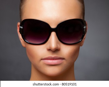 Close Up Stylish Image Of Caucasian Girl Wearing Sunglasses