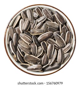 Close Up Sunflower Seed In Ceramic Dish Isolated On White - With Path