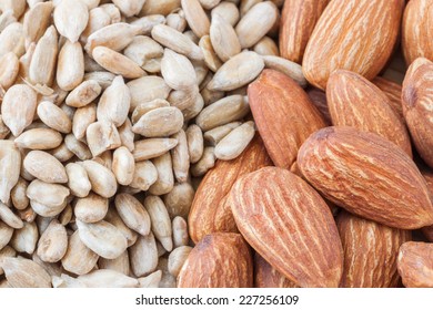 Close Up Of Sunflower Seeds And Almonds