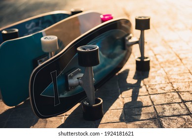 Close Up Surf Skate Or Skateboard At Park Sunset