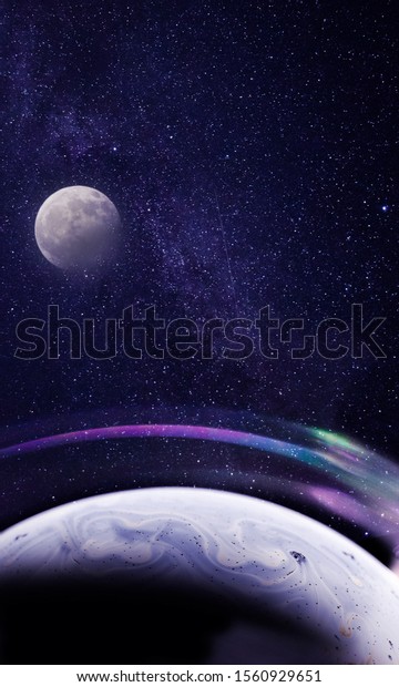 Close up\
surface of soap bubble seems like planet in space night starry sky\
and moon in a creative collage. Bright creative background, good\
for phone screen saver or\
wallpaper.