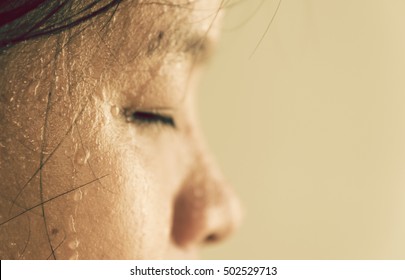 close up sweat on face asian woman. exercise and  relax