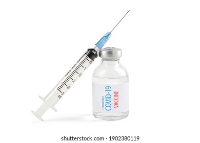 Close Up Syringe And Covid-19 Coronavirus Vaccine Or Vaccine Vial On White Background Isolated With Clipping Path And Full Depth Of Field For Your Advertising . Healthcare And Medical Concept.