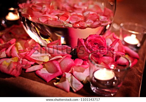 Close Table Decoration Rose Petals Wedding Stock Photo Edit