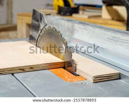 Close up of table saw circular blade cutting through a birch plywood sheet  selective focus on saw blade
