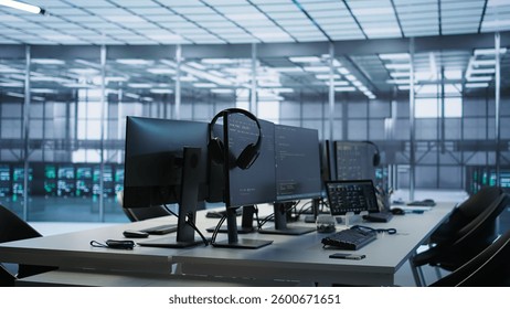 Close up of tablet in data center workspace used for controlling company network infrastructure. Focus on coding software on device in server room used to ensure optimal system performance