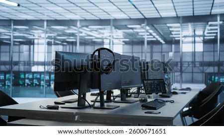 Close up of tablet in data center workspace used for controlling company network infrastructure. Focus on coding software on device in server room used to ensure optimal system performance