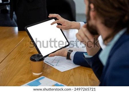 Close up Tablet empty white screen. business people meeting holding tablet mockup for marketing add message and product advertisement. Laptop display monitor blank.