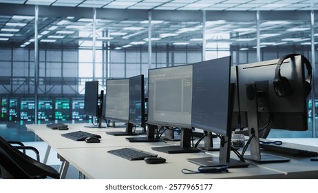 Close up of tablet in high tech data center business used for maintaining network gear. Focus on programming app on device in server farm used to ensure optimal system performance