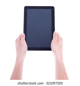 close up of tablet pc with blank screen in male hands isolated on white background