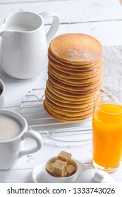 Close Up Of Tall Pancakes Stack. Concept Of Tasty Breakfast.