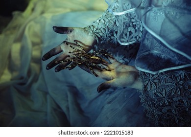 Close Up Of A Tarantula Spider Posing In Dirty Hands Of A Young Woman Dressed In Light Blue Old-fashined Dress.