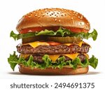 Close up of tasty burger isolated on white background. french fries and the burger with meat, cooking a burger at home. junk fast food.