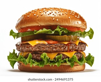 Close up of tasty burger isolated on white background. french fries and the burger with meat, cooking a burger at home. junk fast food.