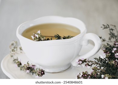 Close up tea cup thyme medicinal properties.
 - Powered by Shutterstock