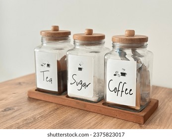 Close up of Tea, Sugar and Coffee Jars