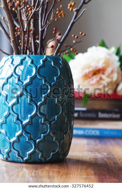 Close Teal Moroccan Vase Sticks Background Stock Image Download Now