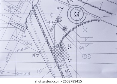 Close up of a technical engineering drawing on a paper 