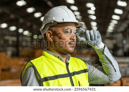 Close up technician engineer wearing and adjust protective safety glasses. Safety equipment for industry factory. Safety at work concept.