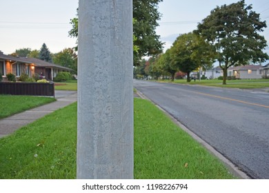 Close Up Of Telephone Pole In A Residential Area, Pole Left Blank Purposely For Copy Space And Custom Design Layout.