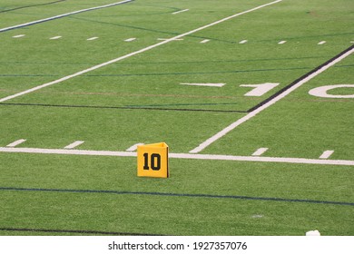 Close Up Of The Ten Yard Line On An American Football Field At A Local High School Game On A Friday Night