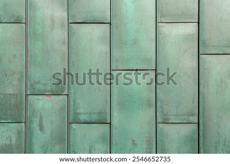 Close up texture of copper plates with oxidized verdigris layer