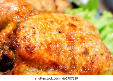 Close Up Texture Of Grilled Chicken Skin.