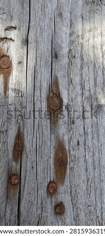 Close up texture of old weathered grey wood plank with rusty nails and rust stains