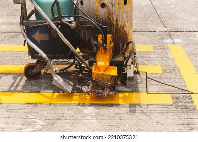 Close Up Of Thermoplastic Spray Marking Machine Making Lines For Painting Traffic Lines On Asphalt Road.