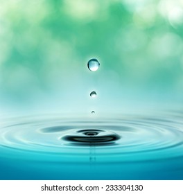 close up of three droplets in a blurred green background