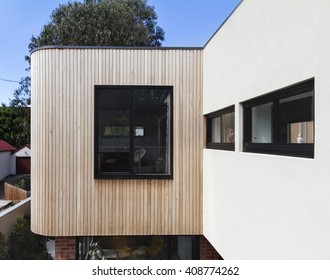 Close up of timber cladding slats on exterior renovation in Australia