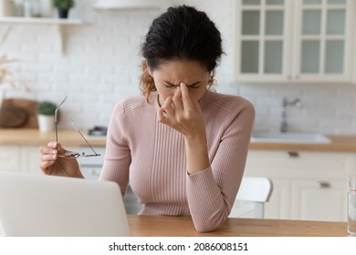 Close Up Tired Woman Taking Off Glasses, Feeling Eye Strain After Long Hours Computer Work, Exhausted Businesswoman Freelancer Or Student Suffering From Blurry Vision Symptoms, Touching Eyelids