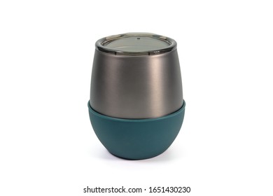 The Close Up Of Titanium Gray Tumbler Cup And Green Silicone Rubber With Plastic Cap On White Background.