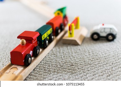 Close up of a toddlers wooden train railway set