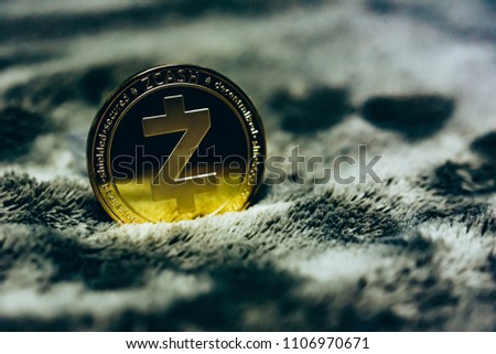 Close up of top important cryptocurrencies which dollar bank note in background. which including of Bitcoin, Ethereum, Litecoin, Dash, Zcash and Ripple coin. Business and financial as concept.