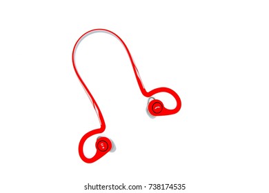 Close Up And Top View Red Bluetooth Earphone Isolated On White Background