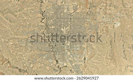 Close top view satellite map of Riyadh city showing detailed streets, urban layout, and landmarks in Saudi Arabia’s capital city.