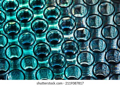 Close up top view test tubes 96 wells microplate in science laboratory under blue neon light. Scientific study research concept